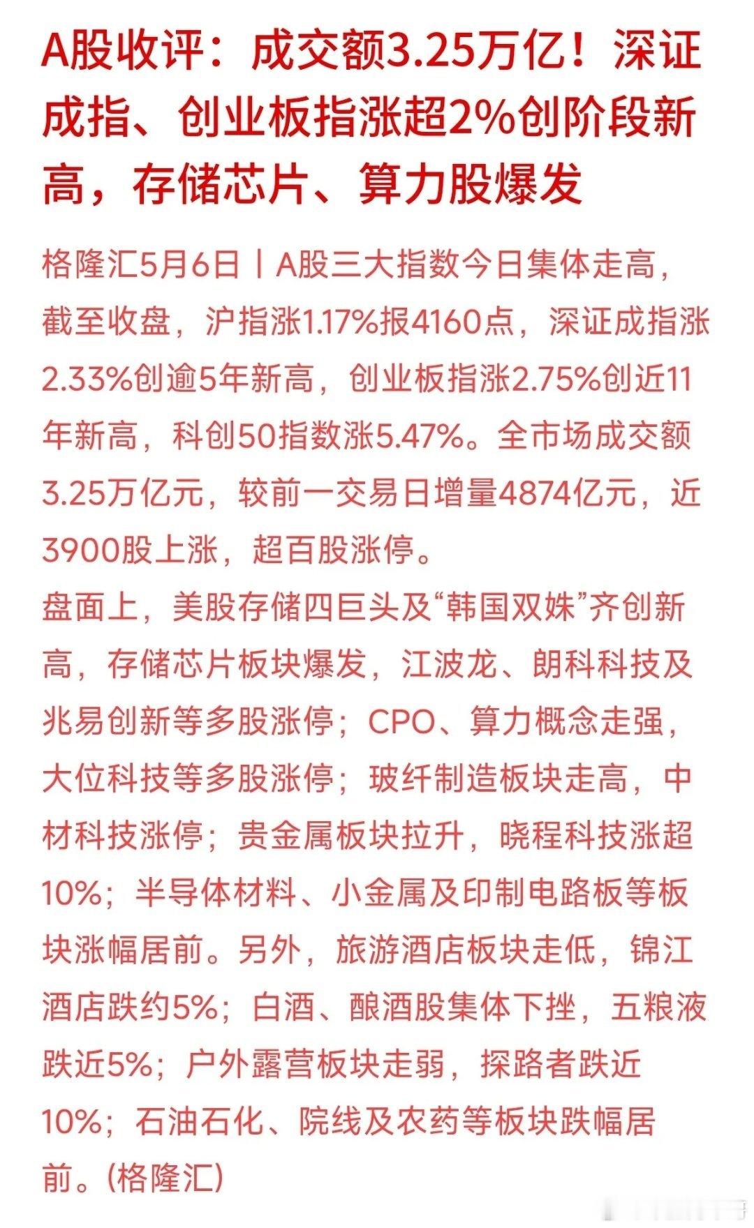 A股收盘：今天收盘成交额飙到3.25万亿！创业板直接创下近11年新高！我看不少踏