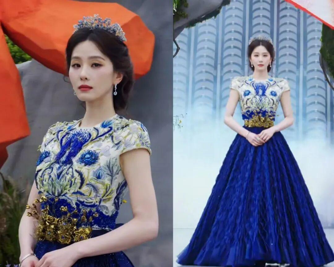 刘诗诗她穿了一条蓝色鎏金刺绣长裙、头戴蓝水晶皇冠亮相，不少网友都表示这造型就像在