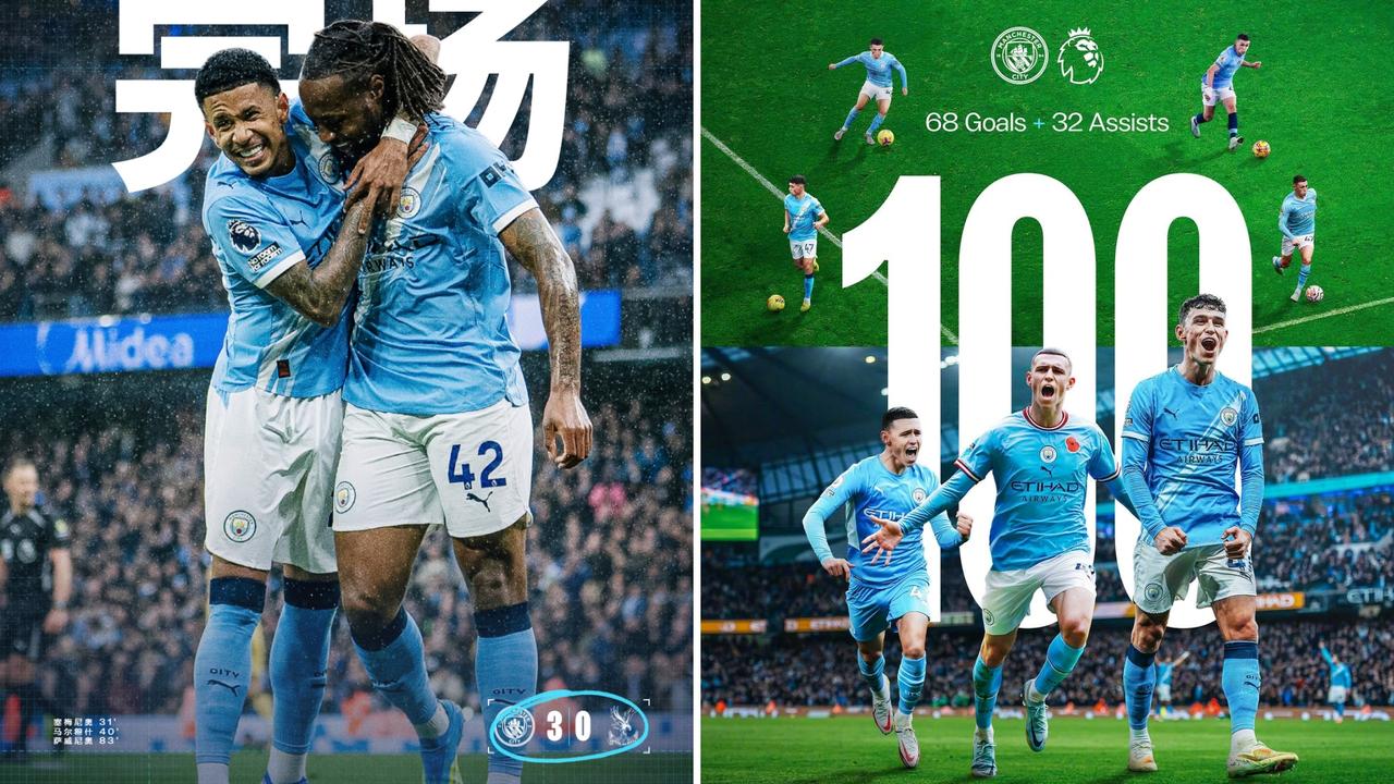 英超：曼城主场3-0大胜水晶宫，积77分距榜首2分。
福登助攻双响，塞梅尼奥、马