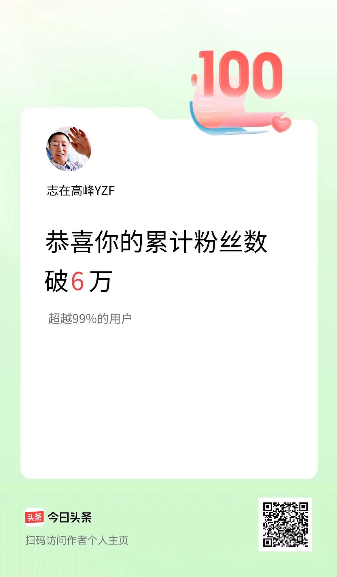 我在头条累计粉丝数破6万啦！