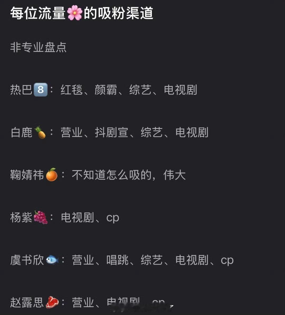 有网友盘点了内娱每位流量🌸的吸粉渠道，大家认同吗？ 