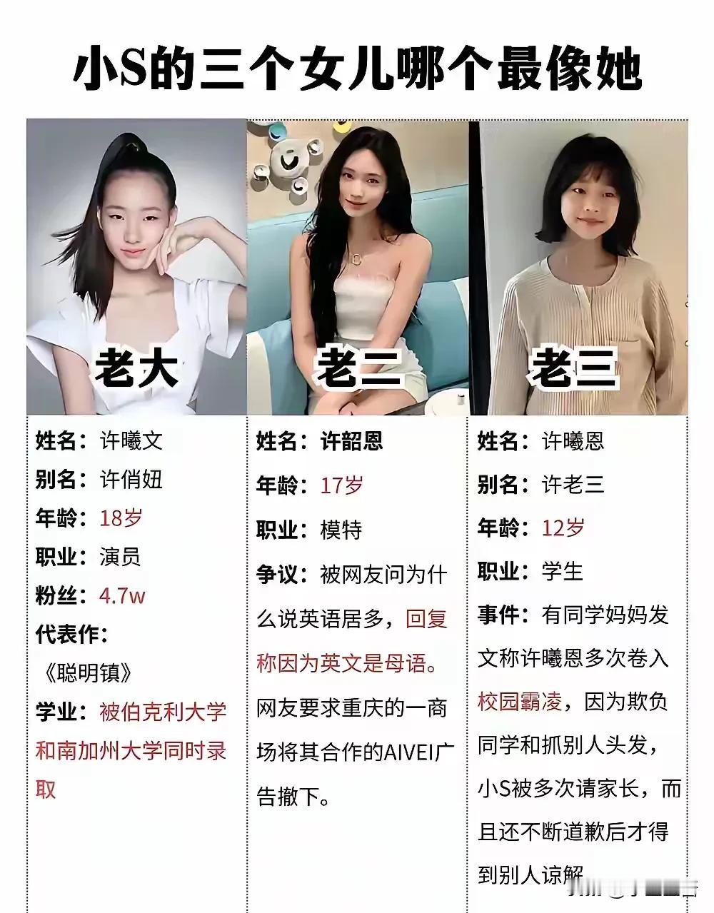 小s和许雅钧结婚19年，只生了3个女儿，大女儿许曦文，目前在美国留学，大s最疼她