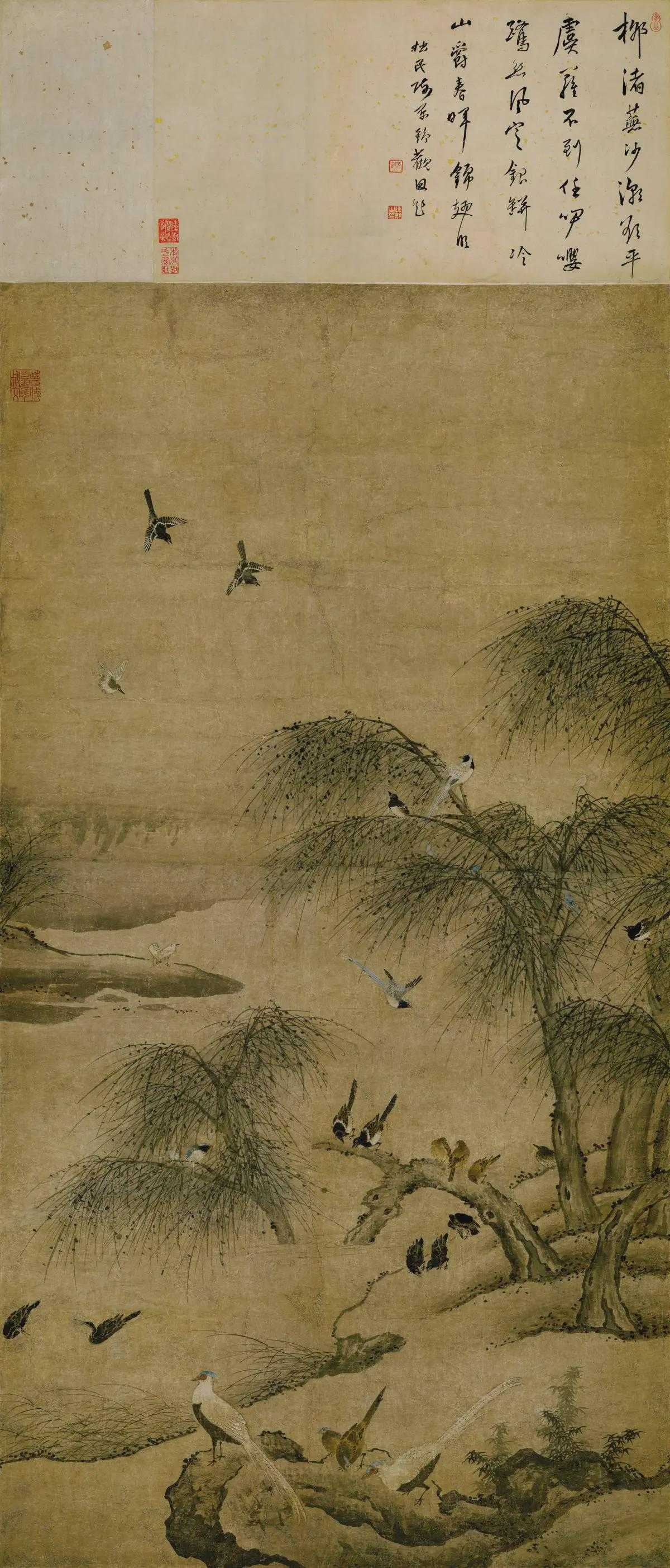 元 夏叔文《柳汀聚禽图》，纸本设色，纵约128-130厘米，横66.5-67.7