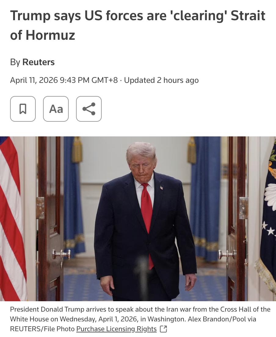 外媒：特朗普称美军已开始"清理"霍尔木兹海峡，伊朗全部28艘布雷艇已被击沉。
