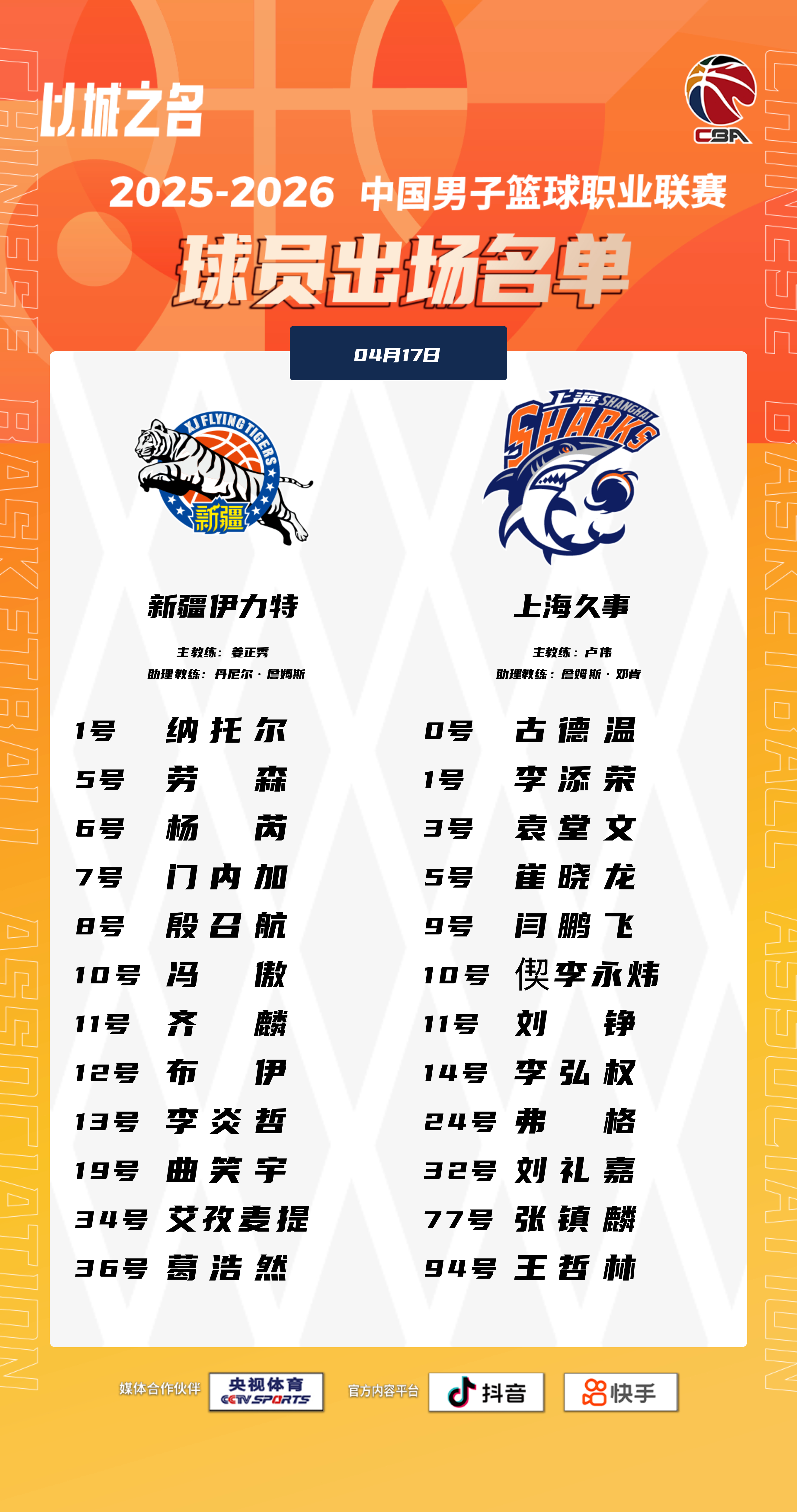 三连客的最后一个客场，健康完赛即可。上海久事大鲨鱼