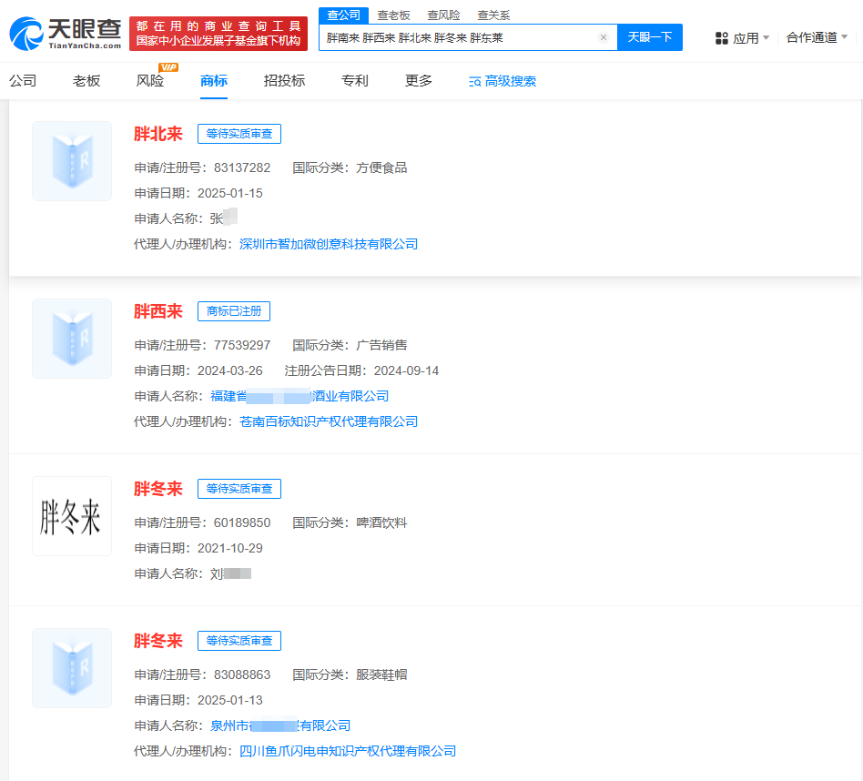 胖南来、胖西来、胖北来商标遭抢注