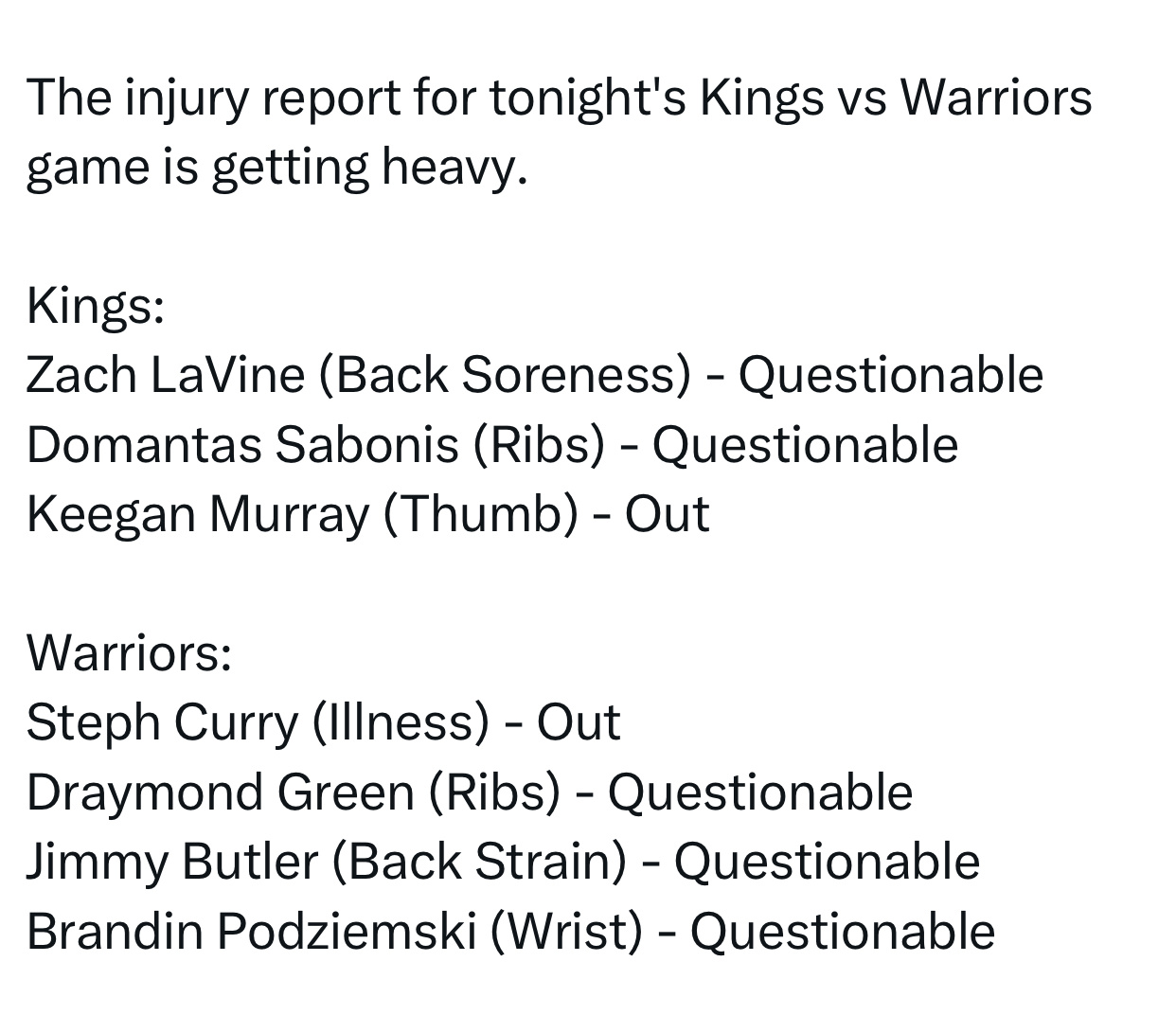 今日十一点与国王队背靠背的比赛勇士这边巴特勒（背伤）和库里（生病，感冒，看采访鼻