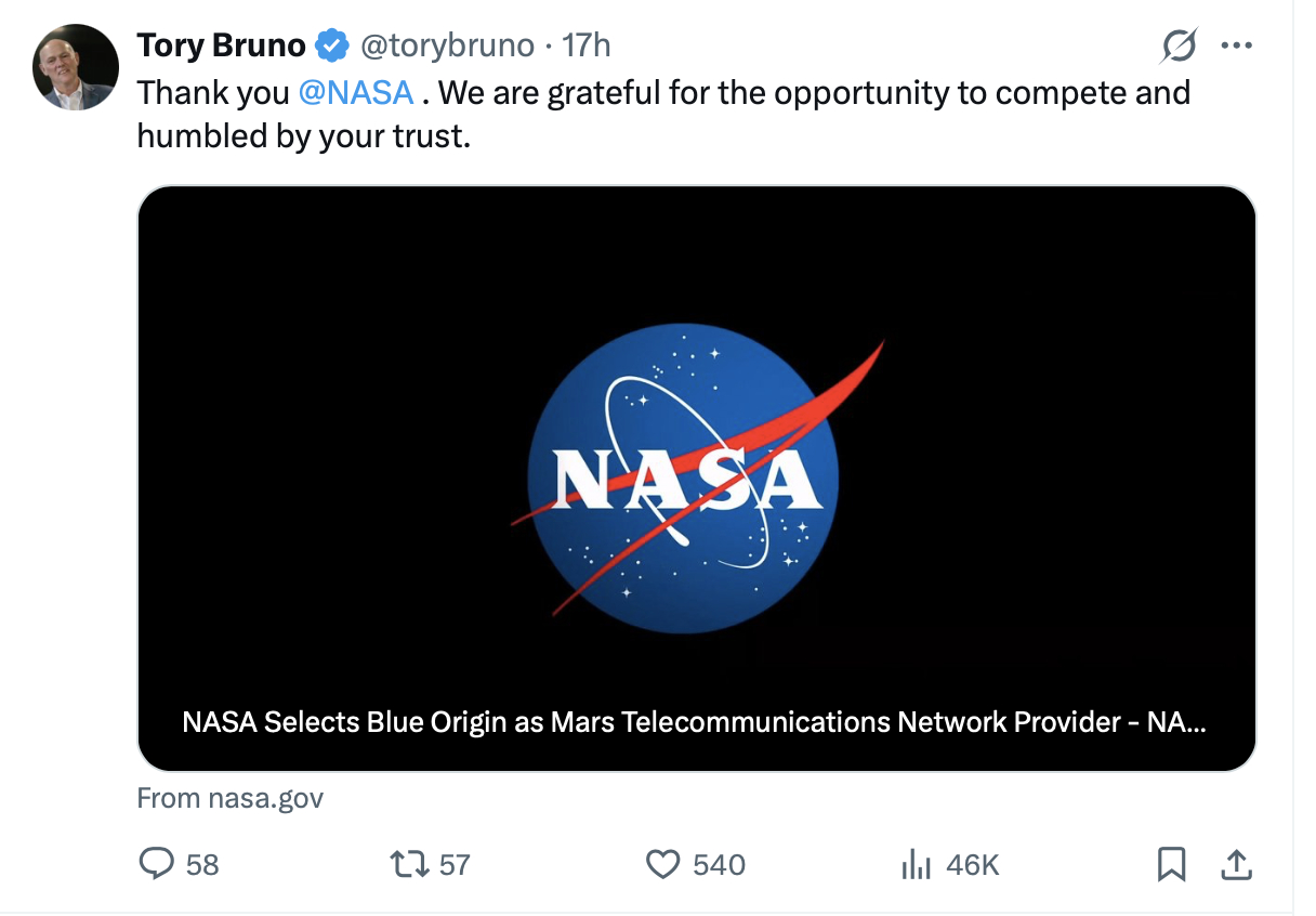 NASA周二正式授予蓝色起源（Blue Origin）一份合同，负责建设该机构下