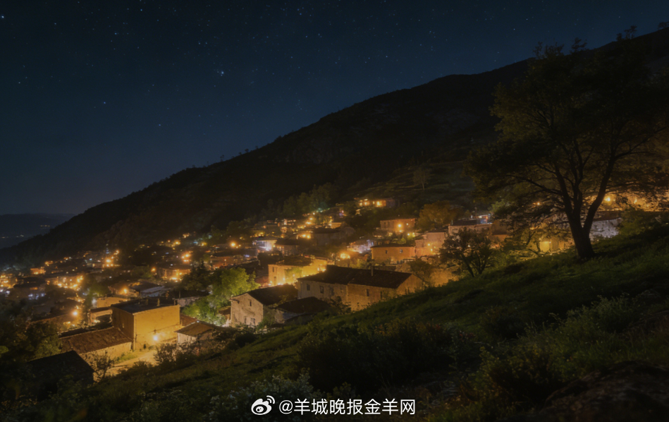 晚安  坐在小山坡上，遥望远方，村子里万家灯火闪烁，夜空有稀疏的星星，温馨而宁静