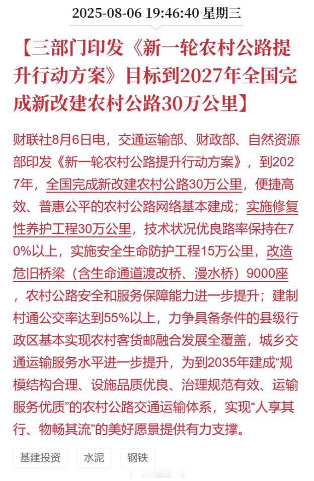 新一轮农村公路提升行动方案印发 这个农村公路提升可以拉动汽车下乡😄，新一轮农村