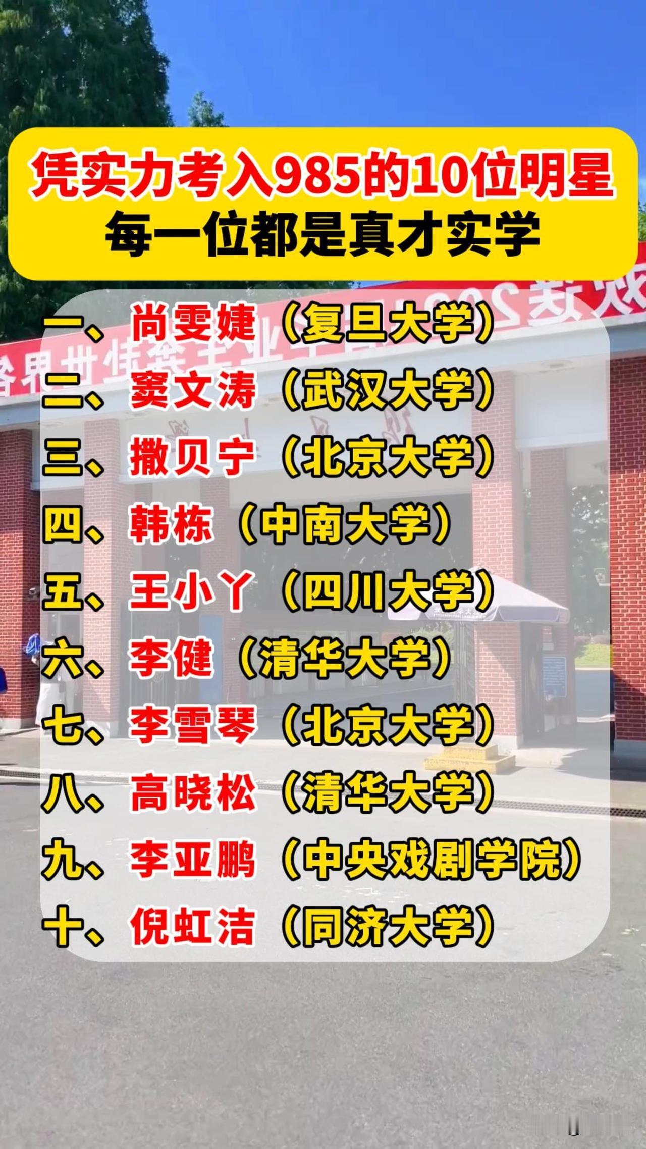 凭实力考入985的10位明星，每一位都是真才实学，你觉得谁厉害？
一、尚雯婕（复