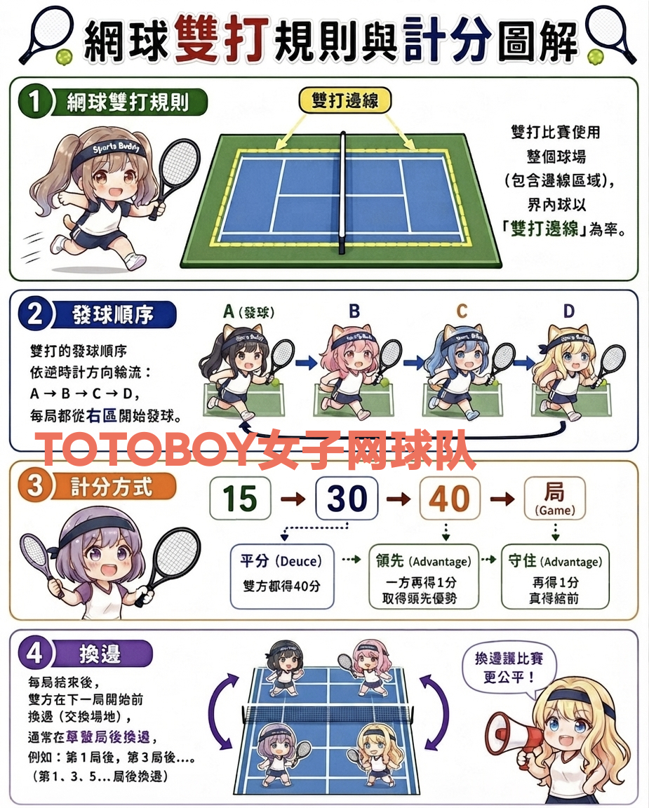 TOTOBOY女子网球队雙打规则与计分方式 ​​​