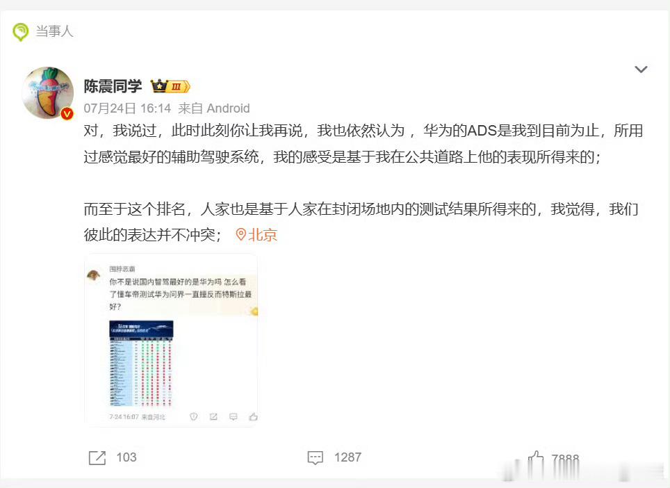 大V陈震谈懂车帝测试结果 车评人陈震依然认为，华为ADS辅助驾驶第一。有不同的声