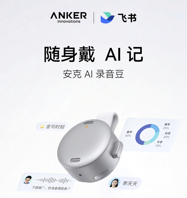 安克创新与飞书联合发布“安克 AI 录音豆” 手指可握仅重 10 克
