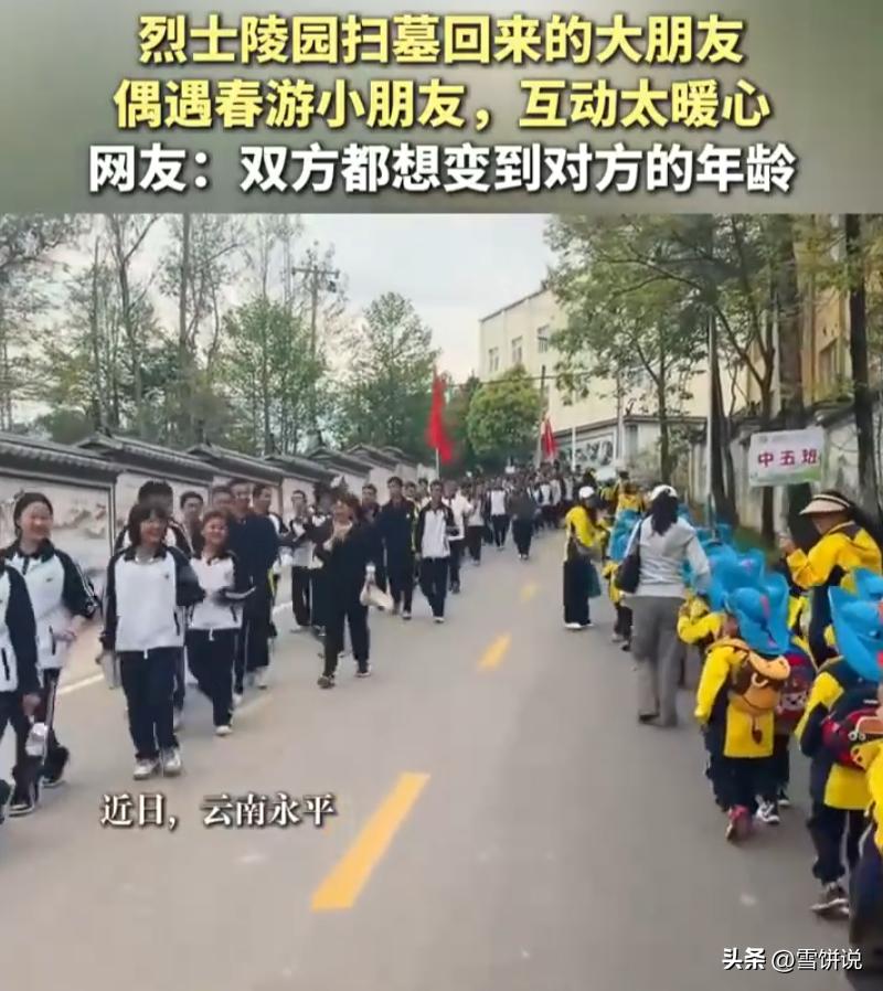 这个画面太美好了！云南永平，一幼儿园组织孩子们去春游，结果路上刚好遇到了从烈士陵
