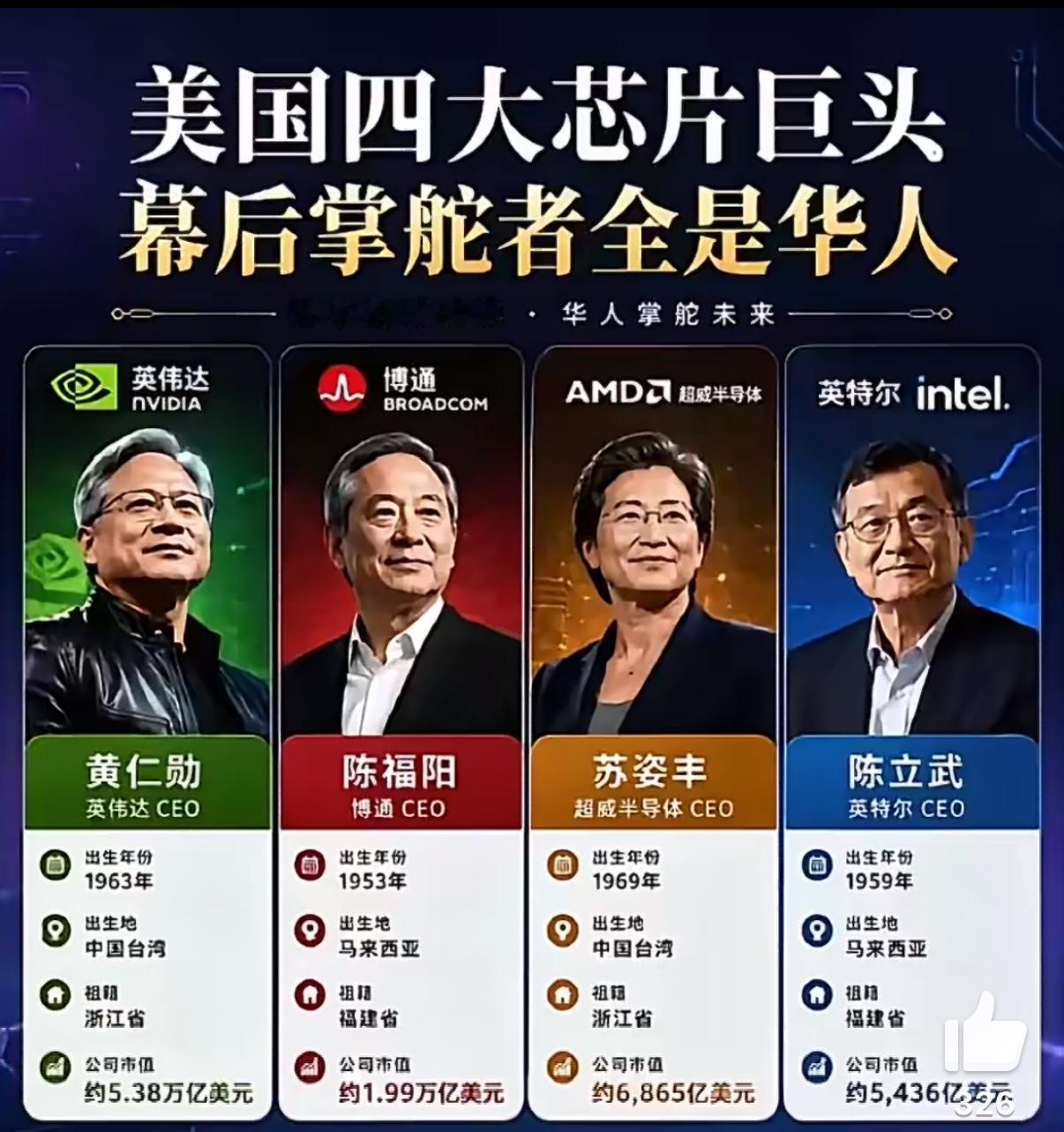 美国半导体产业正在经历华人掌舵的“黄金时代”！英伟达黄仁勋、博通陈福阳、AMD苏