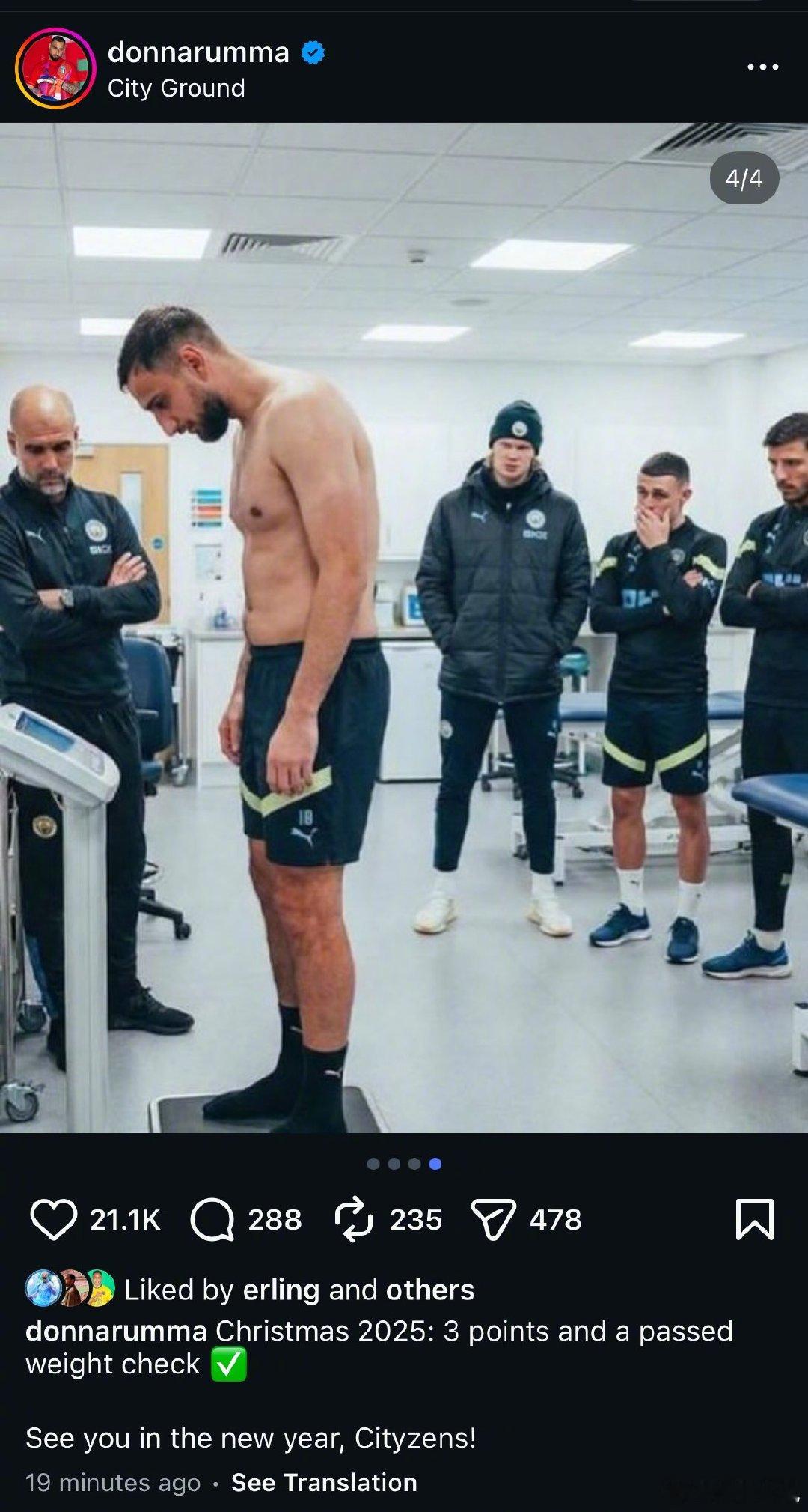 【】曼城主教练瓜迪奥拉此前曾表示如果球员在圣诞节期间增重三公斤就不会随队出征诺丁