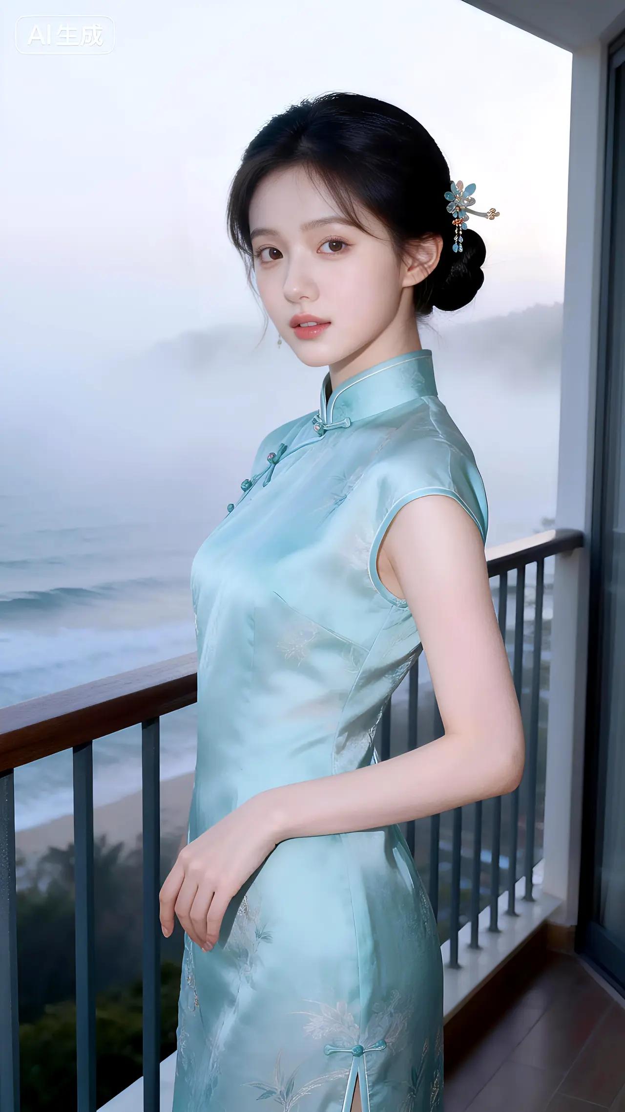 站在阳台之上，海天一色的背景更衬得你如画中人般超凡脱俗。你的姿态温婉而不失大气，