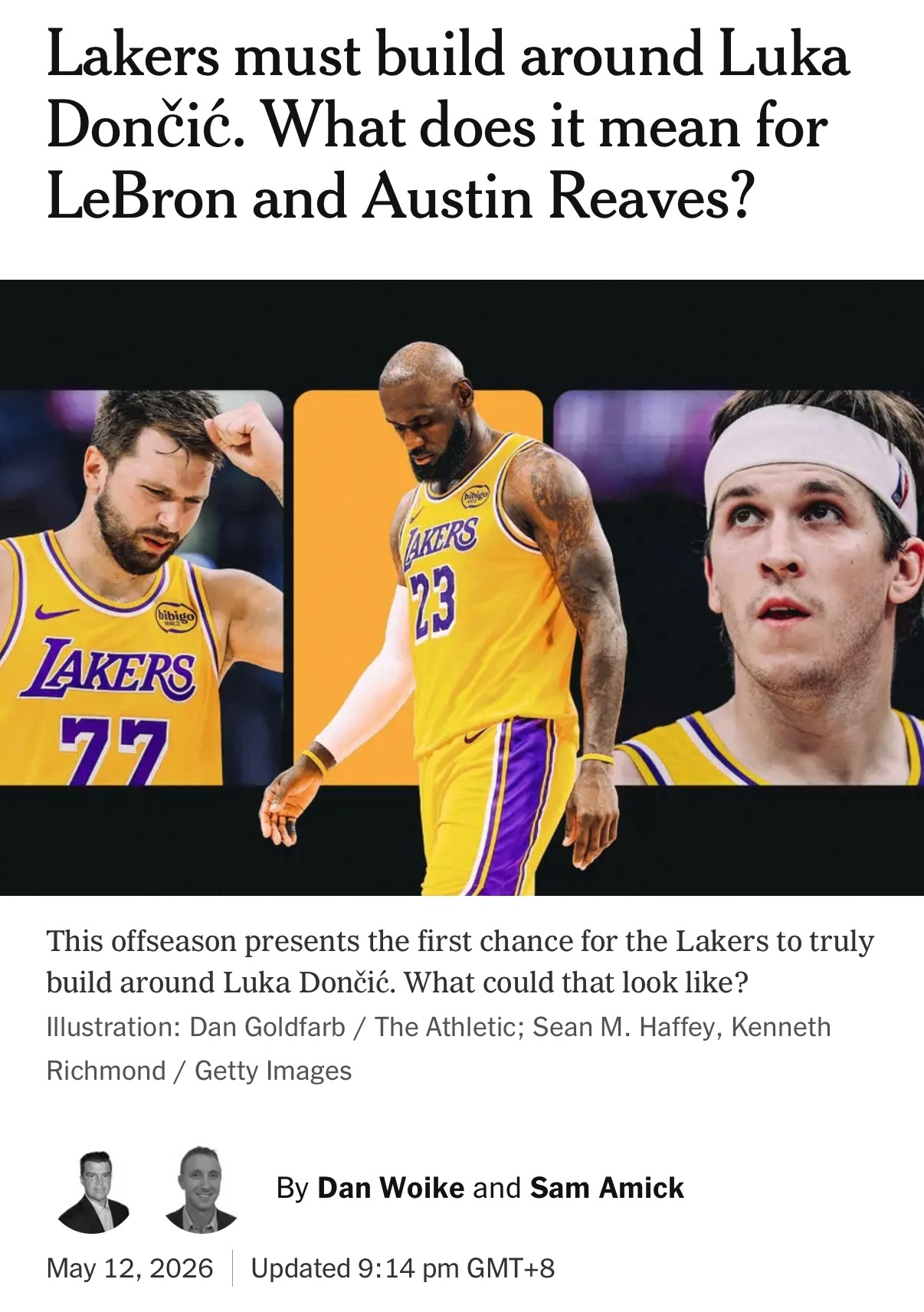 The Athletic记者Dan Woike与Sam Amick联合撰文：湖人