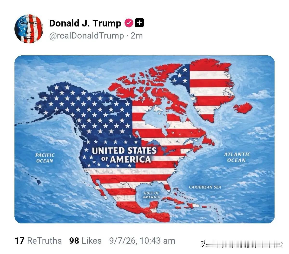 9月7日，美国总统特朗普再度发文，将整个北美全部涂成美国星条旗！

加拿大网友最