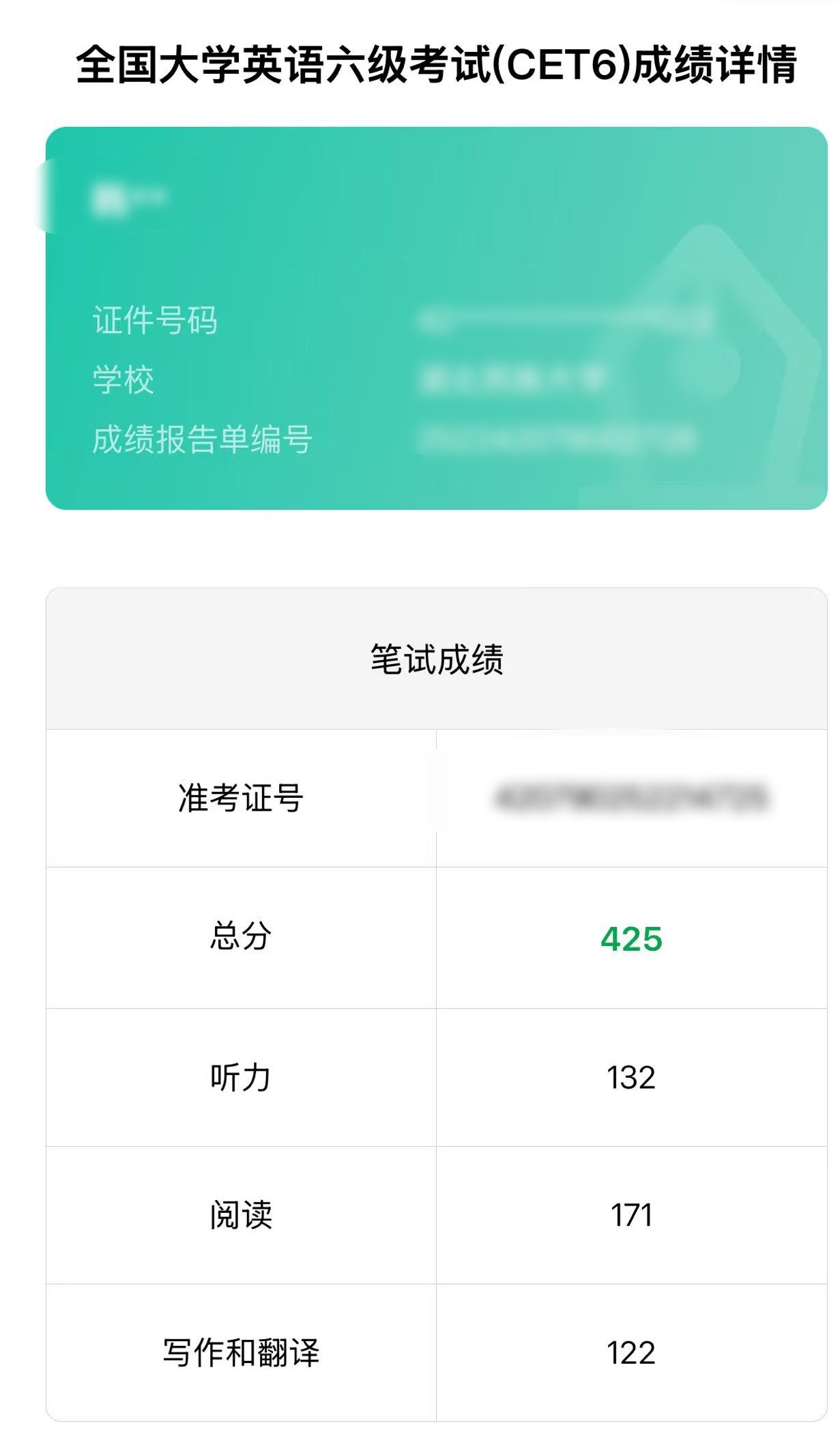 事已至此给大家接一下我上次的六级成绩，
