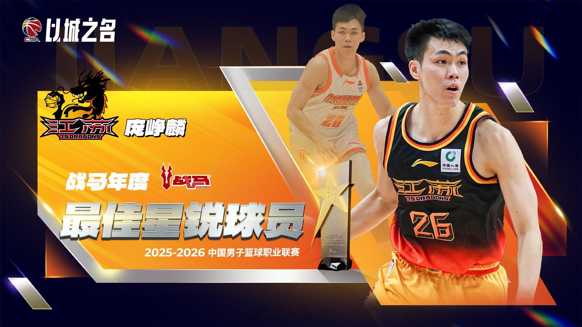 CBA公司公布本赛季最佳星锐球员：庞峥麟。CBA常规赛奖项公布竞由新生