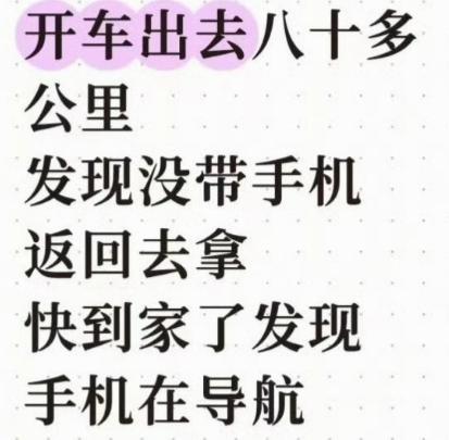 刷到一张贴子觉得好搞笑，开车出了八十多公里后回家找手机，才发现在导航中。
昨天去