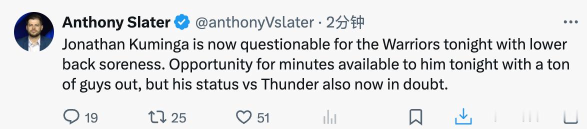 由于下背部酸痛，乔纳森·库明加今晚在勇士队的出场状态现调整为出战成疑。尽管今晚多