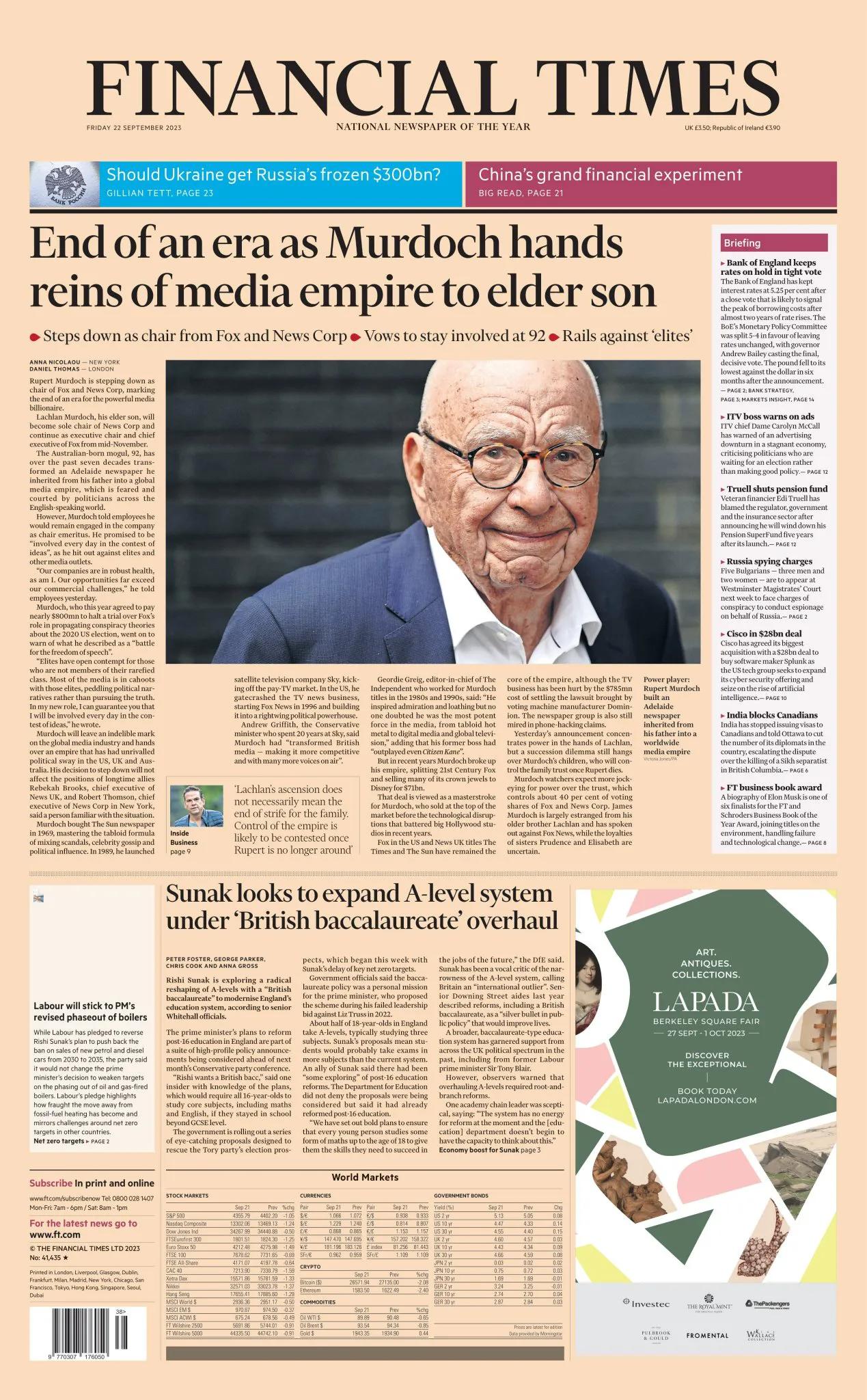#李文读报# 《金融时报》该报还在头版引述英国政府高级官员称，首相苏纳克有意改革