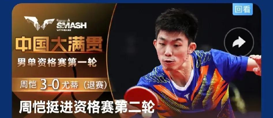 WTT北京大滿贯赛今天的资格赛第一轮比赛，国乒队的周凯，因为对手退赛，兵不血刃进