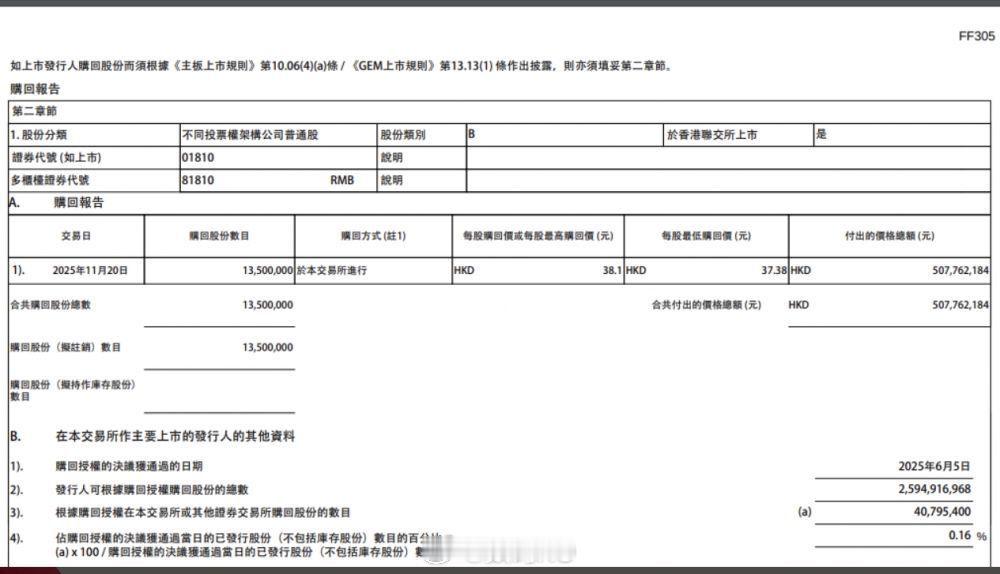 小米集团公告称，于11月20日斥资5.078亿港元回购1350万股B类股份，每股
