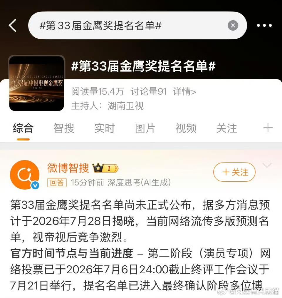 金鹰不会明天真要来了吧？词条主持人是湖南卫视... 金鹰奖 提名名单