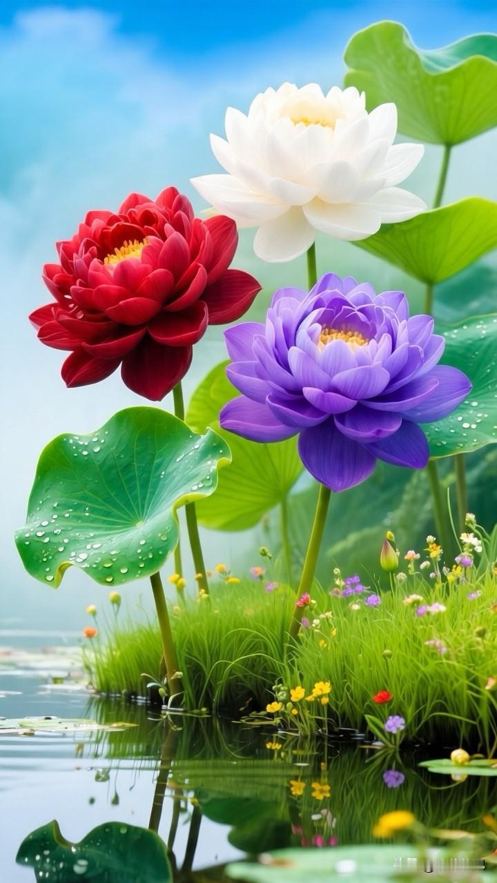 四月，天空把最温柔的蓝给了池塘，三色荷悄悄编织着夏日的梦，红的炽热，白的纯净，紫