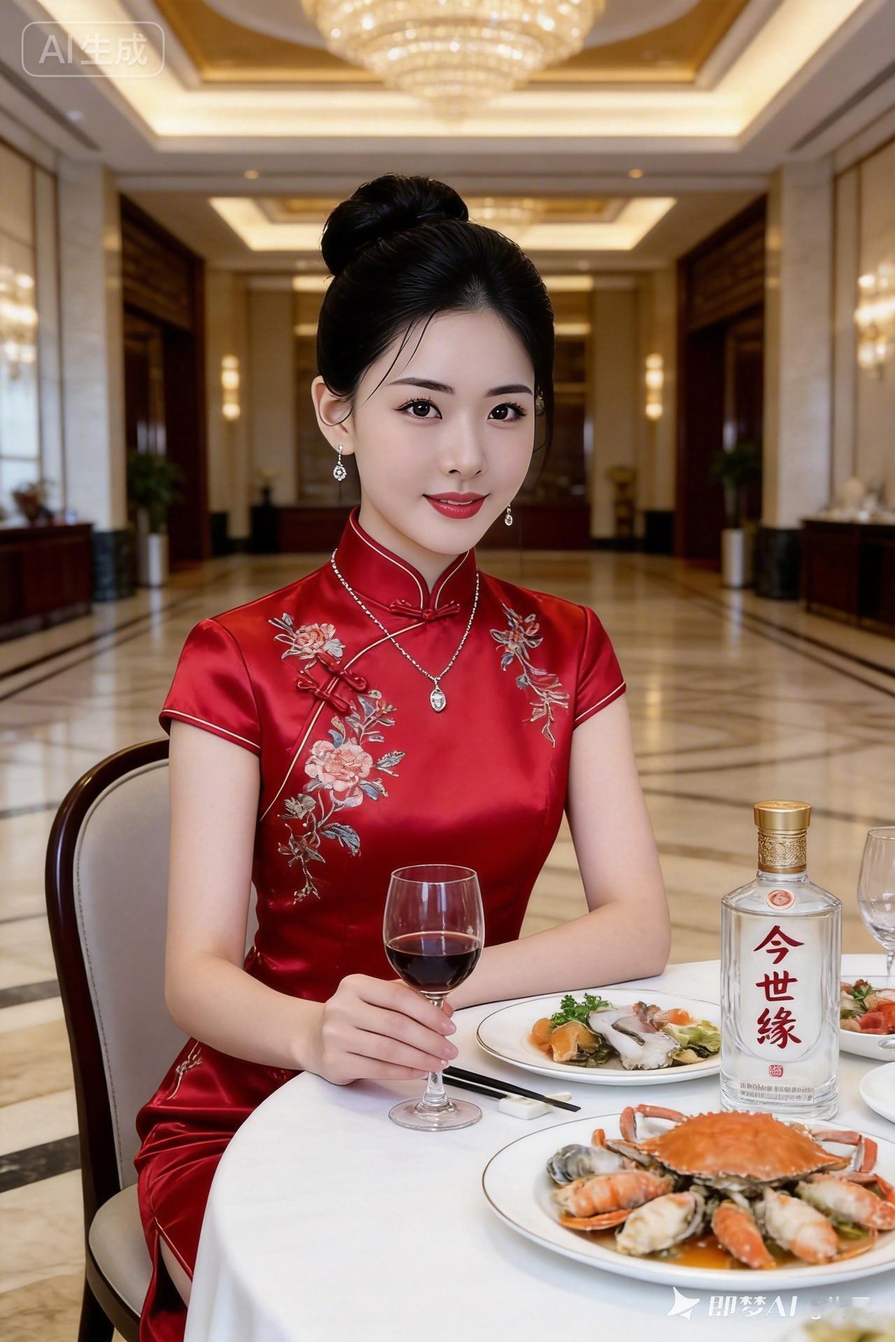 优雅红衣美人，品味海鲜与红酒的奢华时光。