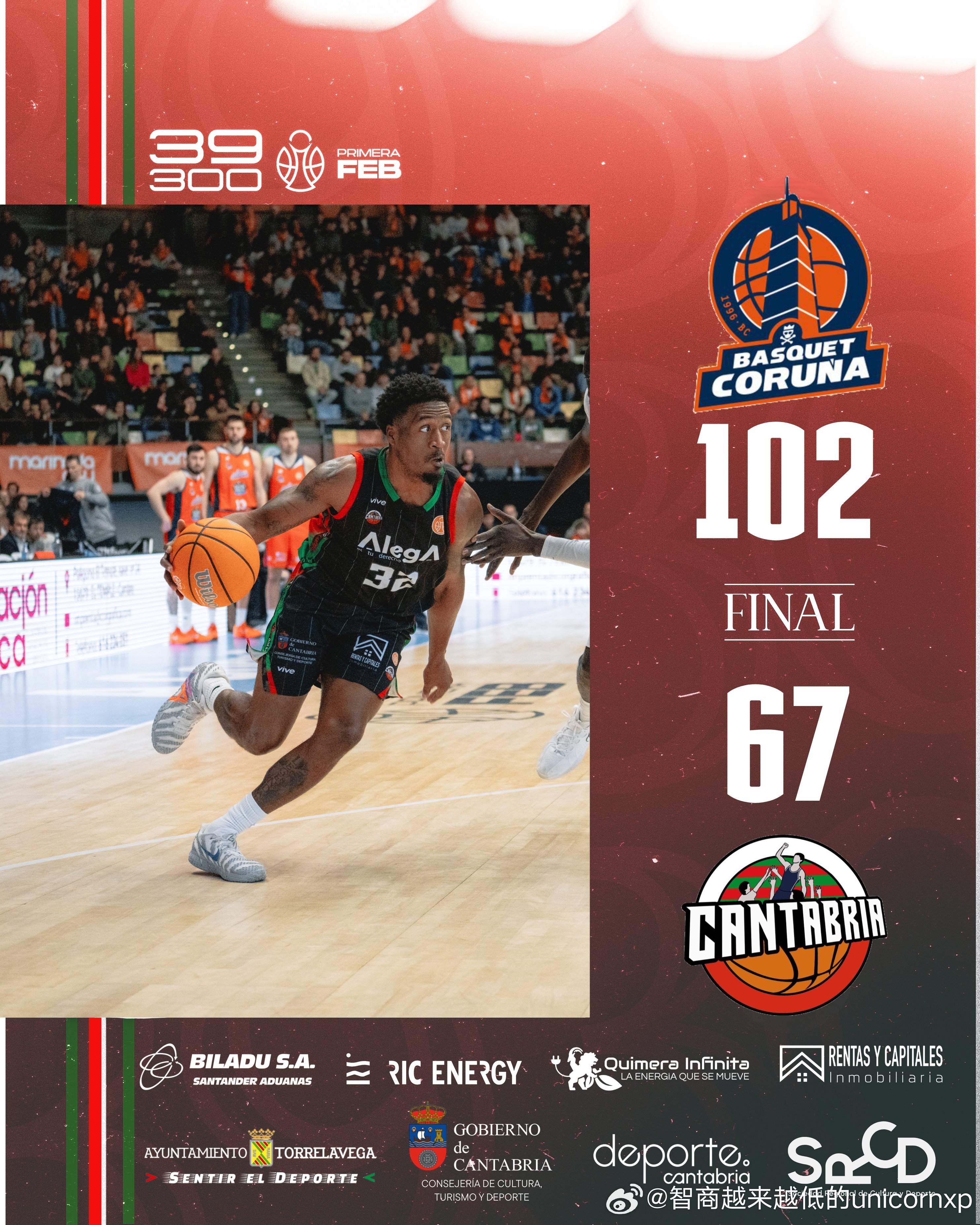 余嘉豪肌肉拉伤缺席，西乙联赛Alega Cantabria 67比102惨败Le