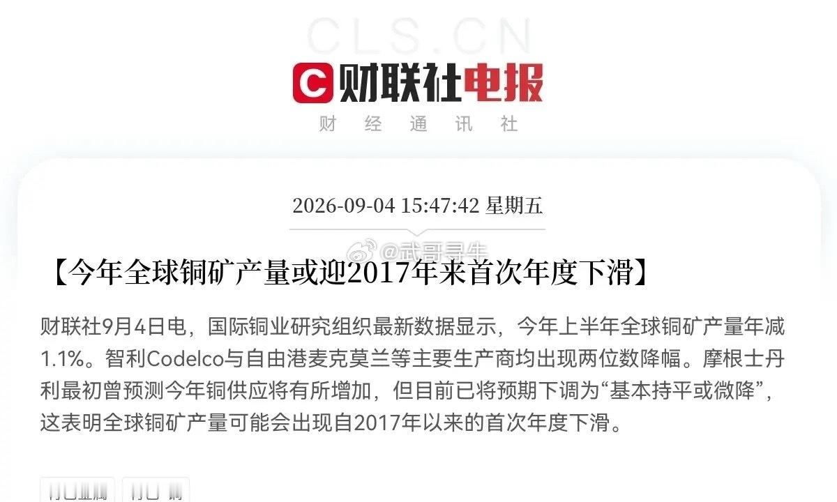 铜矿预计要大涨了吧               突发利好，供给收缩来袭！铜矿产量