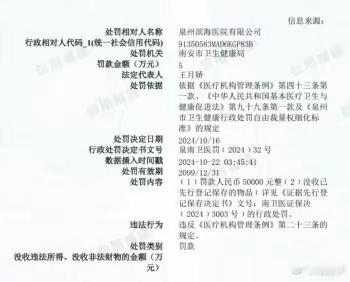 #泉州滨海医院被罚50000元# 违反《医疗机构管理条例》。根据南安市卫生健康局