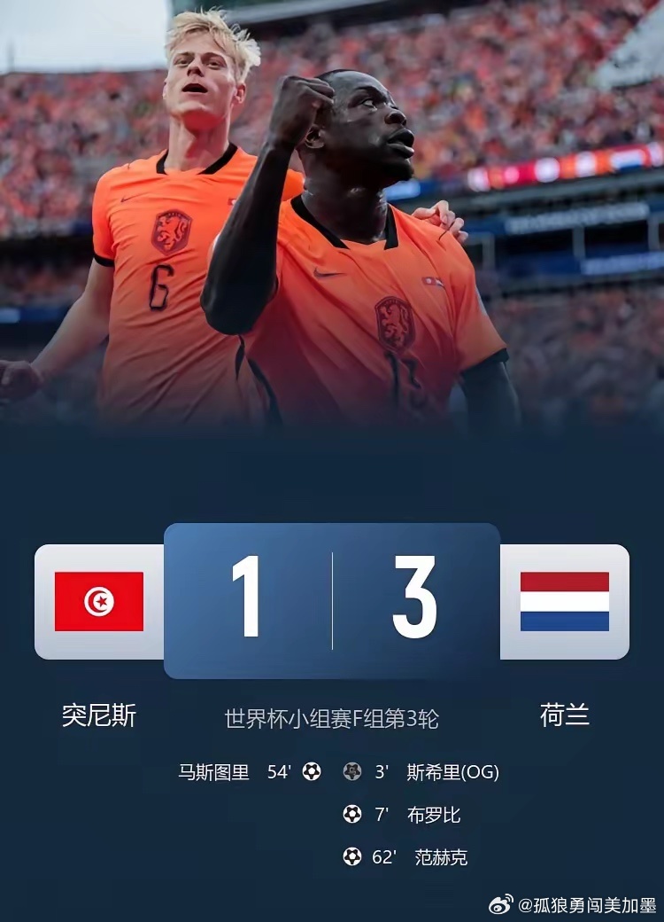 荷兰3-1轻取突尼斯，头名晋级32强，将战摩洛哥！此役，布罗比、范赫克建功！球迷