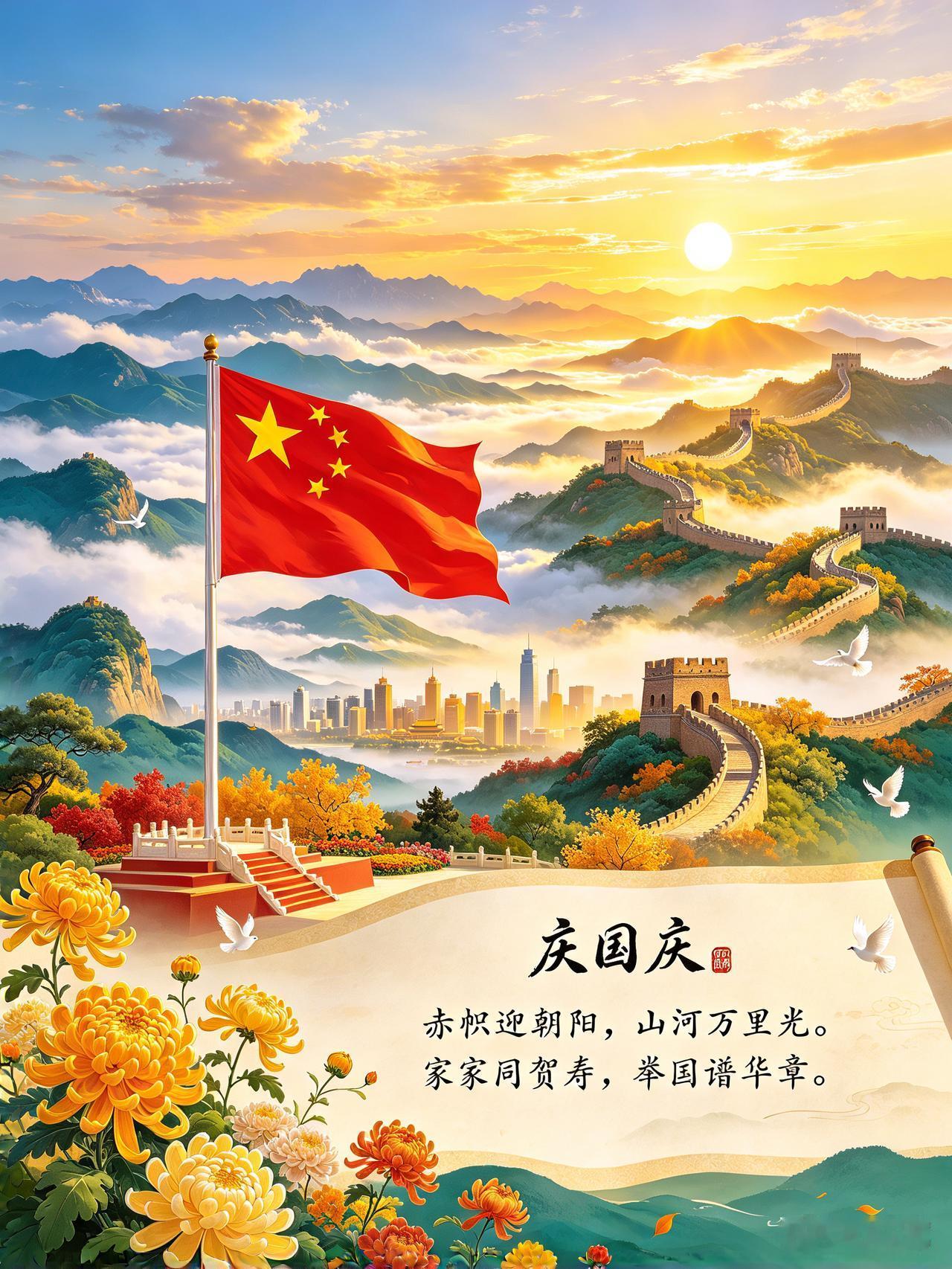 庆国庆
  赤帜迎朝阳，山河万里光。
  家家同贺寿，举国谱华章。