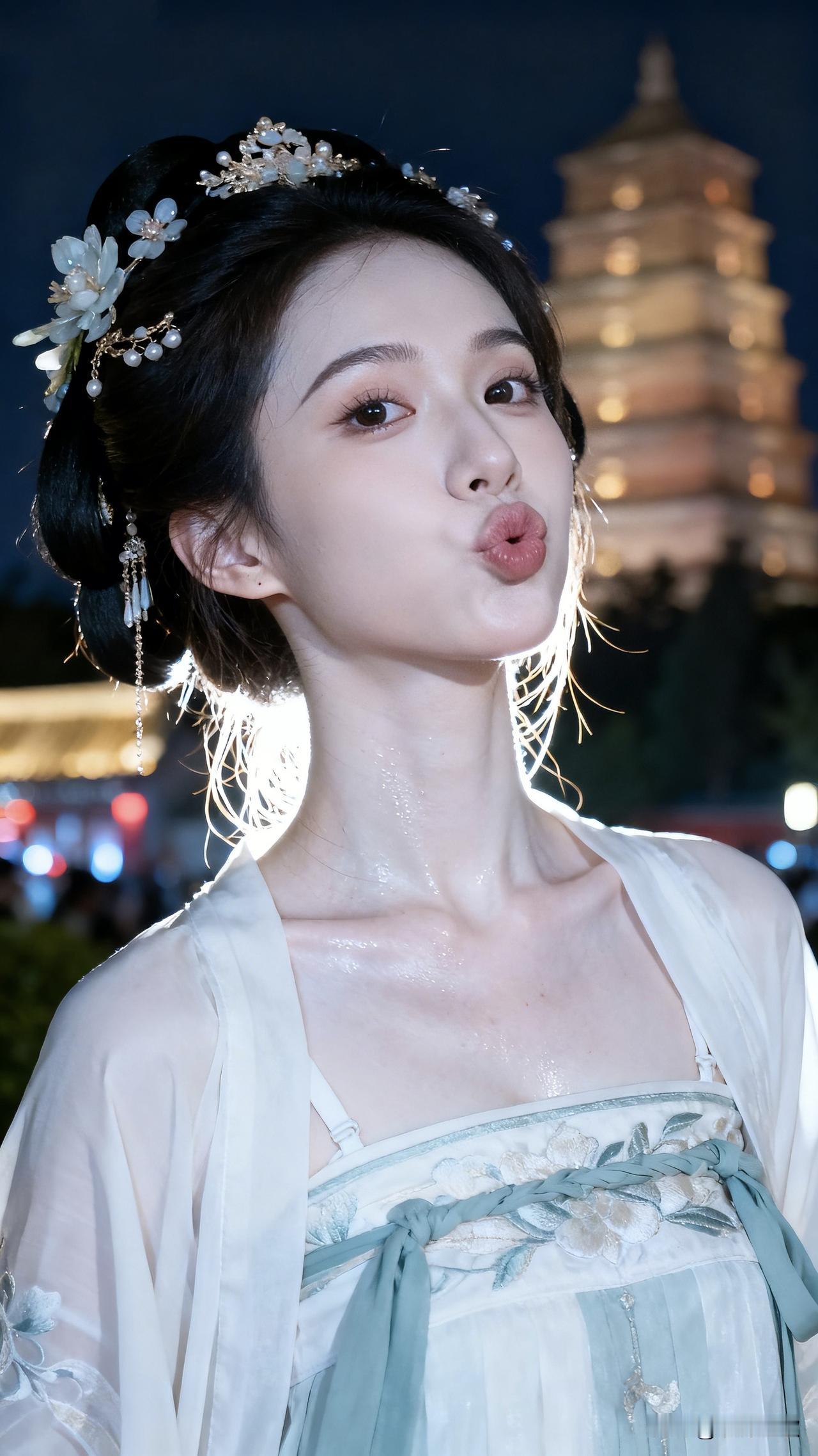 嘴巴嘟嘟，嘟嘟嘟嘟
暮色轻笼长安塔，古韵悠悠。一女子着素雅汉服，云鬓簪花，眉眼含