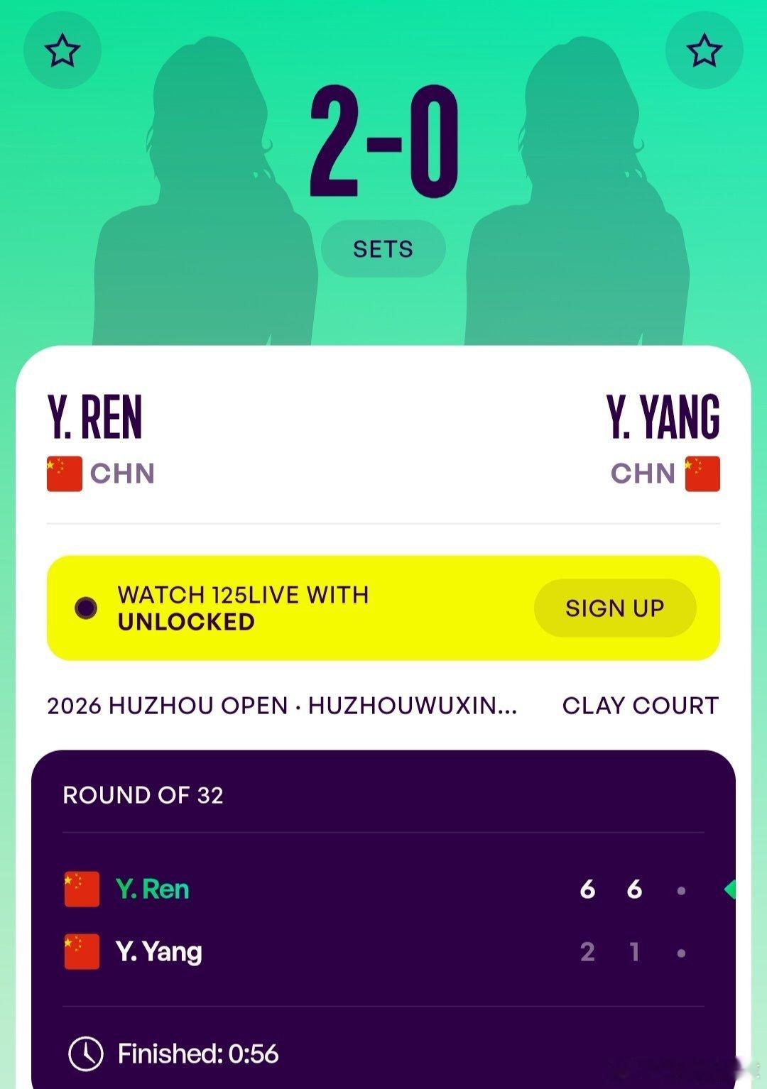 WTA125湖州站🇨🇳女单第1轮任钰菲🇨🇳6-2/6-1战胜杨一迪🇨?