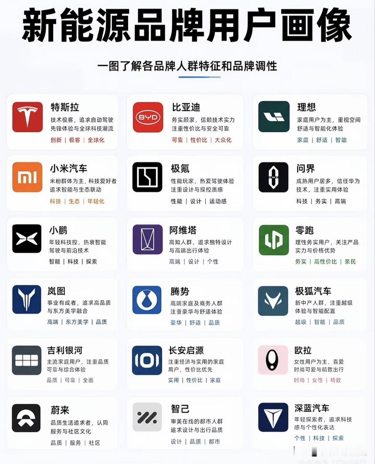 新能源品牌用户画像的图，细品下来真的能戳中很多平时没注意到的行业细节。
就拿刚上