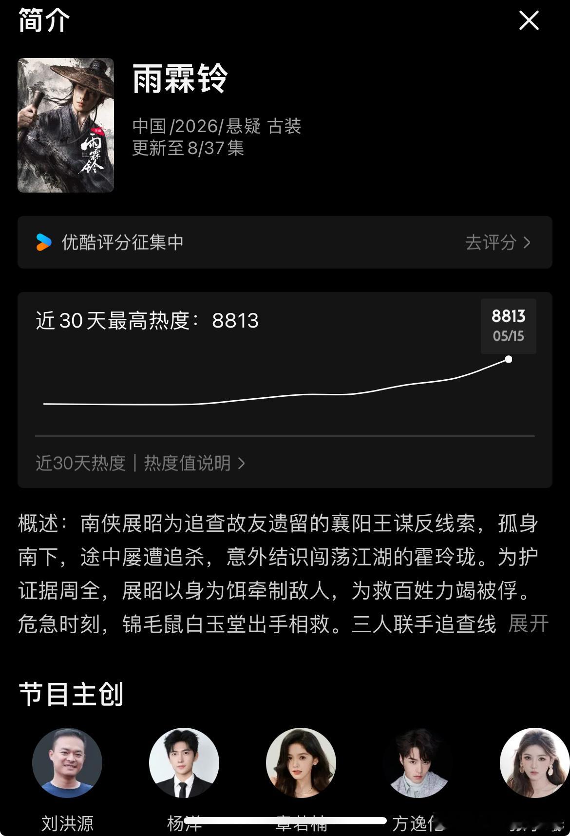 开播第三天，杨洋雨霖铃 优酷站内热度值破8800+；首日6716，次日7799杨