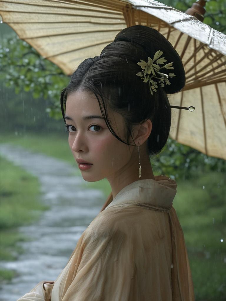 雨纷纷，旧故里草木深
她手持一柄油纸伞，伞面上绘着淡雅的水墨图案，与这雨中的景致