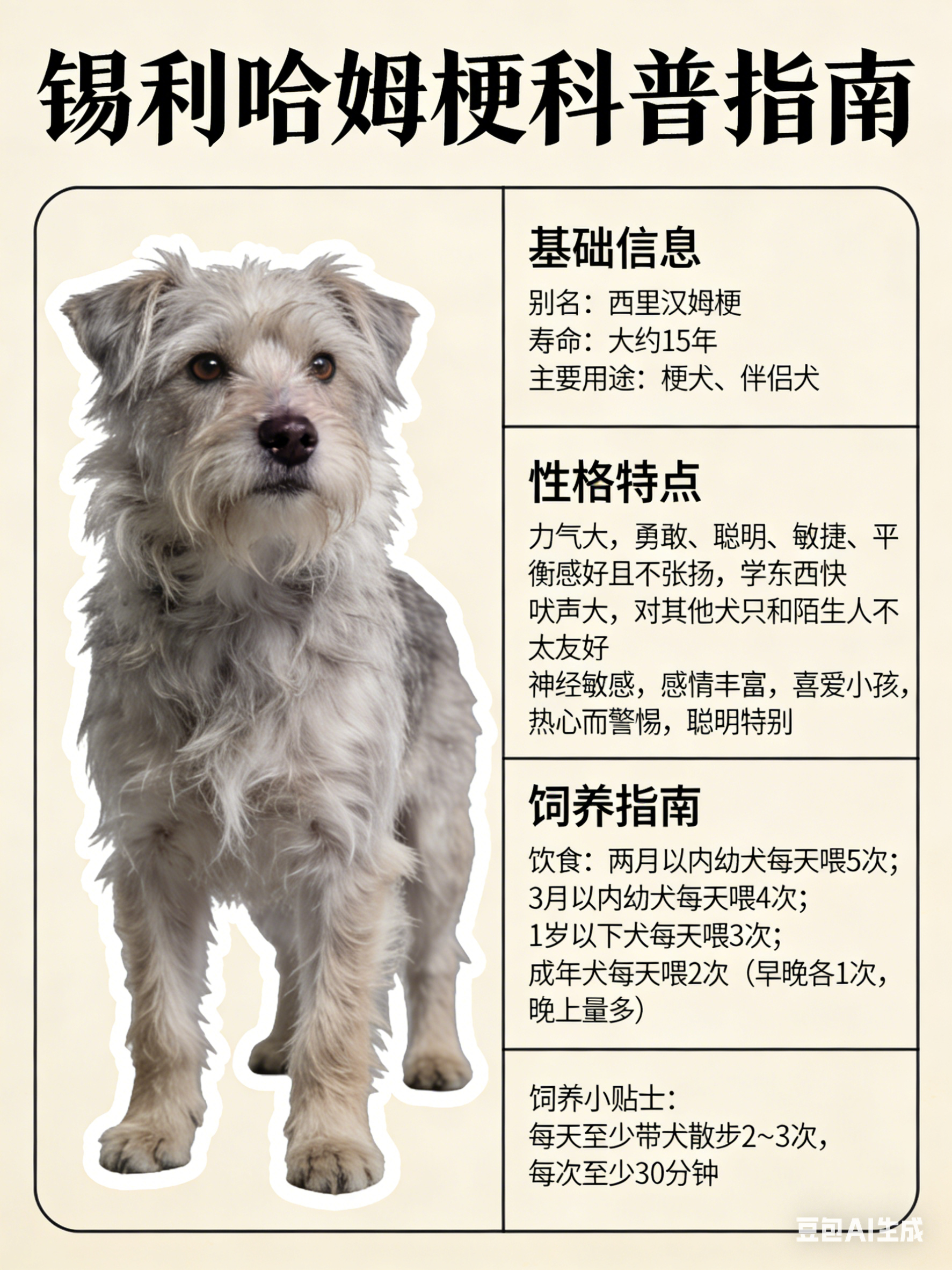 我AI的动物 锡利哈姆梗别名：西里汉姆梗寿命：大约15年主要用途：梗犬、伴侣犬锡