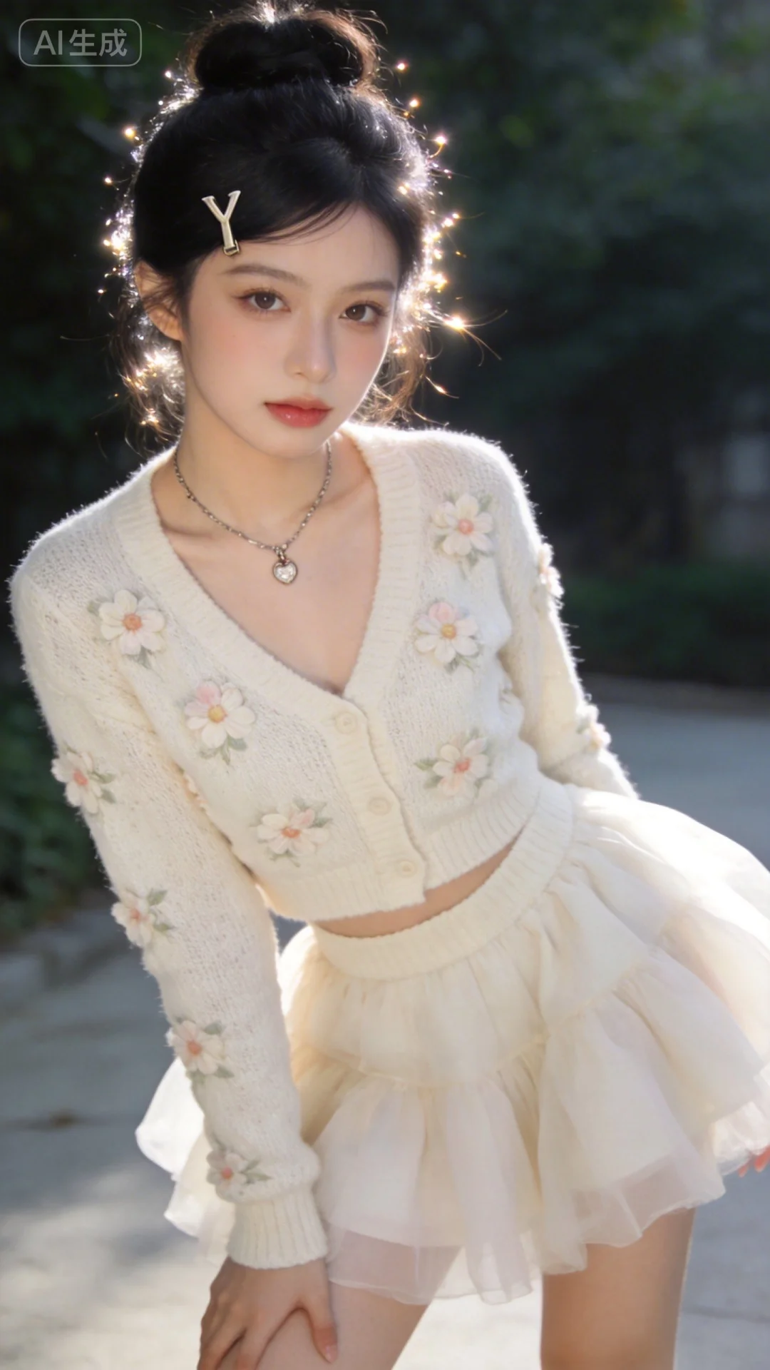 少女感网拍，冷白皮，户外，泰妆，黑色头发，盘发，发丝发光，Y发夹，可爱纯欲感，白