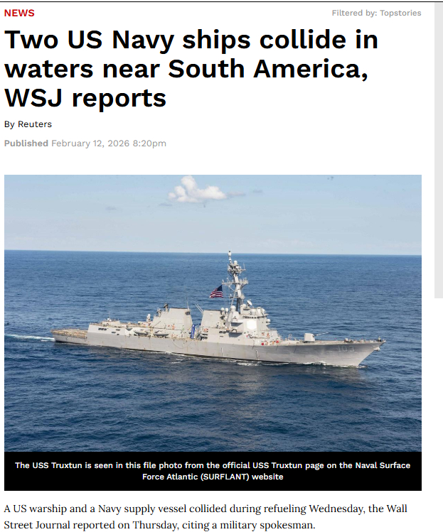 据《华尔街日报》周四报道，一艘美国军舰与一艘海军补给船周三在加油过程中相撞。报道