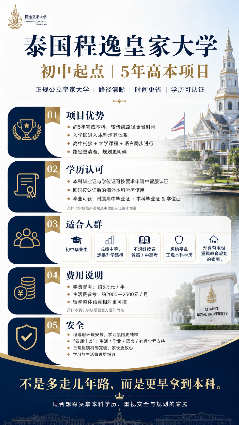 🎓泰国程逸皇家大学升学项目两个主要方向：① 5年高中+本科毕业适合初中毕业学生