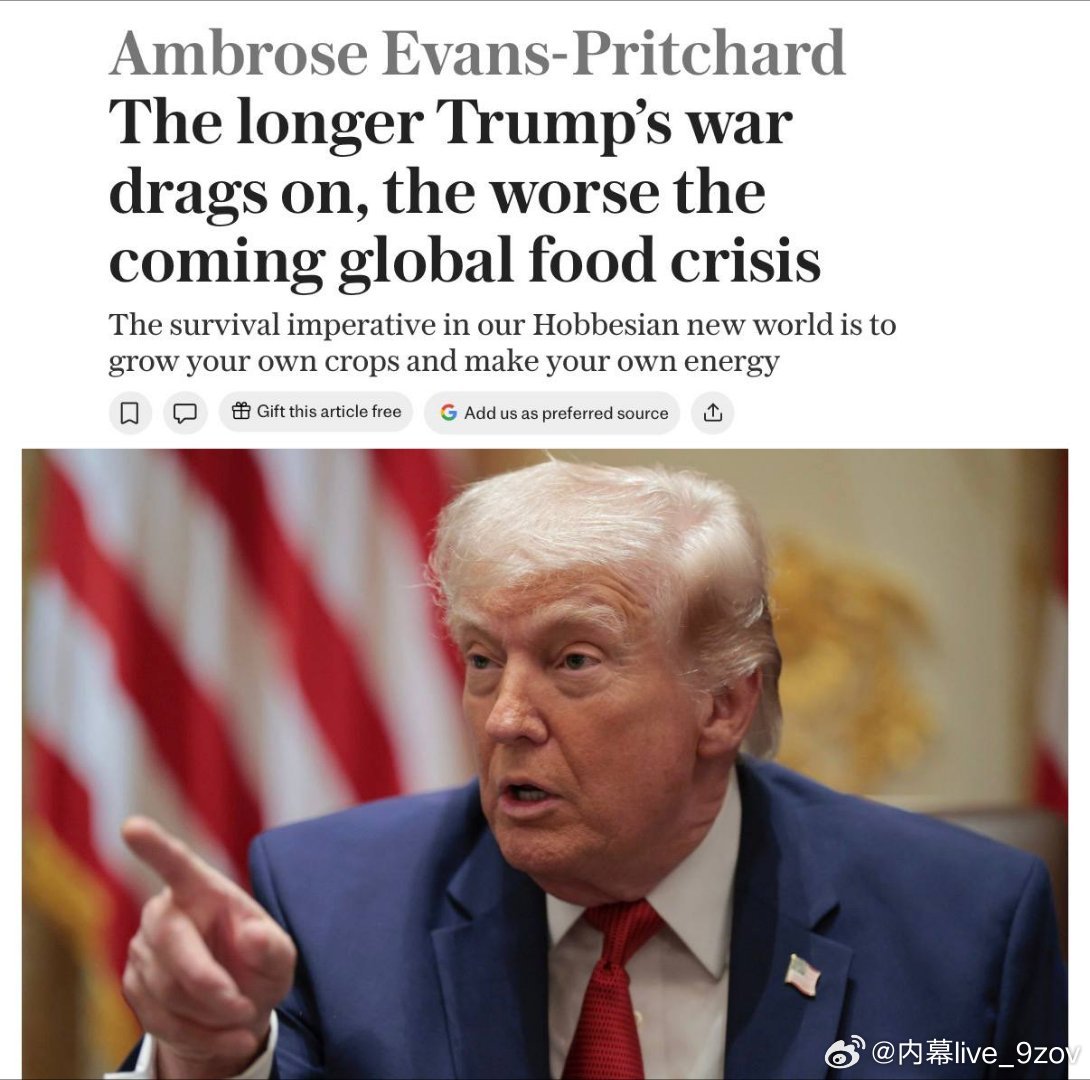 《每日电讯报》指出：“特朗普的战争拖得越久，全球粮食危机就越严重。”在北半球播种