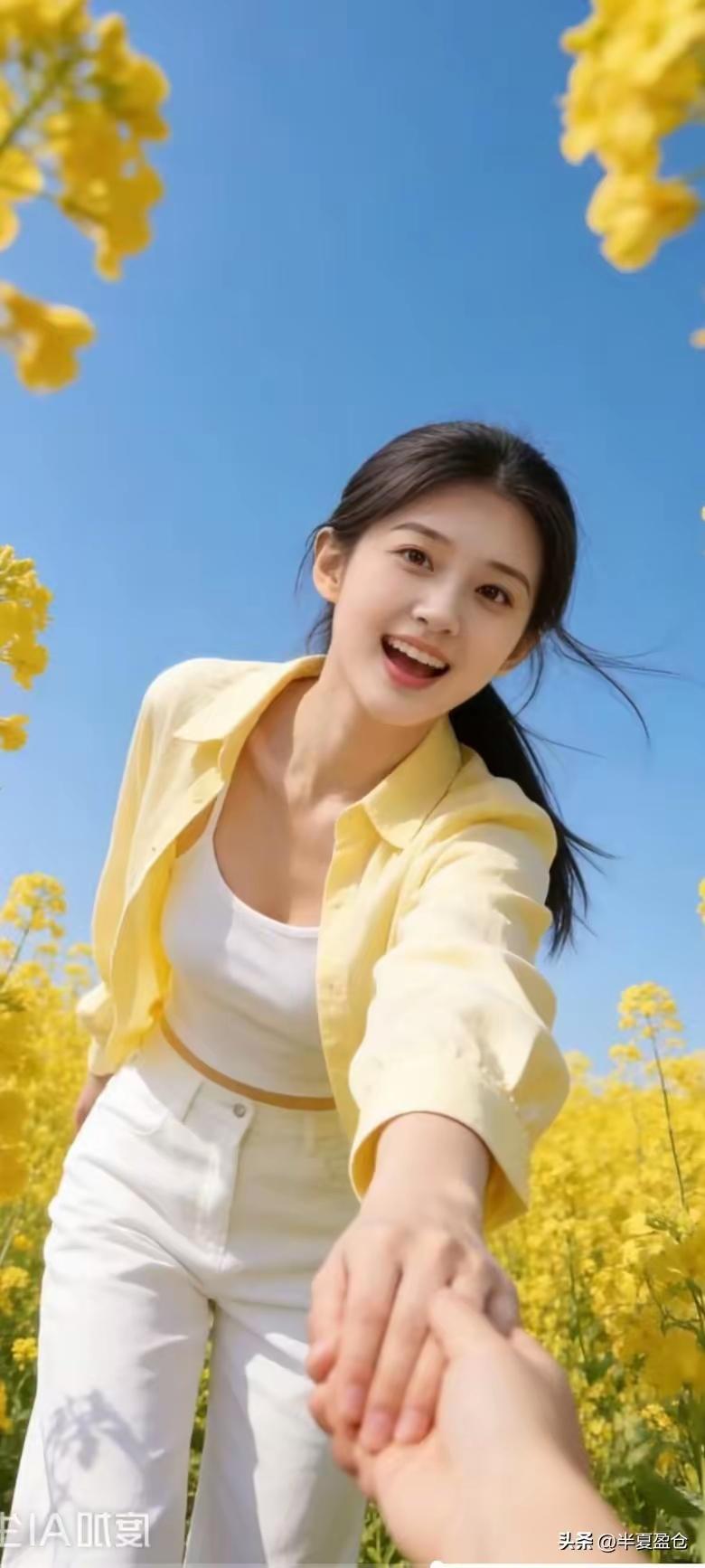 阳光下的浪漫邂逅，手牵手漫步在花海中🌼💕